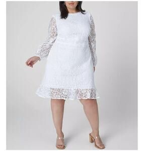 Lane Bryant White Floral Ruffle Mini Blouson-Sleeve Boatneck Lace Dress Size 14